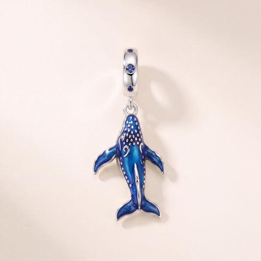 Blue Whale Dangle Charm in 925 sterling silver with blue enamel and sparkling stones, fits European-style charm bracelets