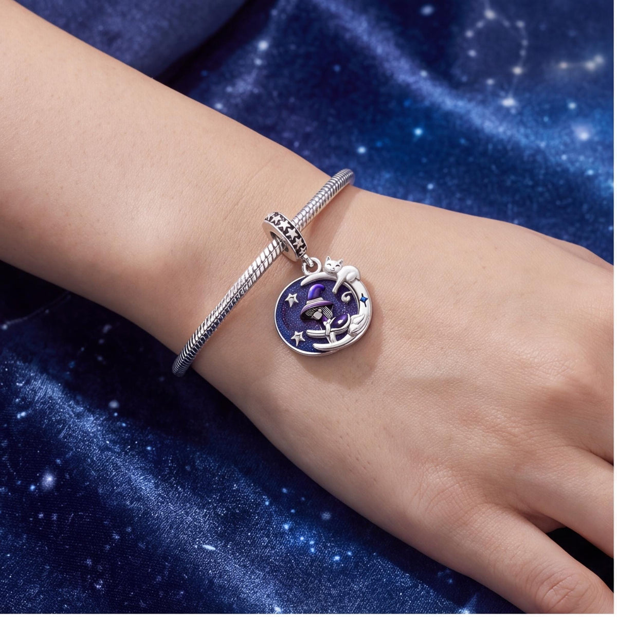 Witch Cat Moon Dangle worn on a charm bracelet