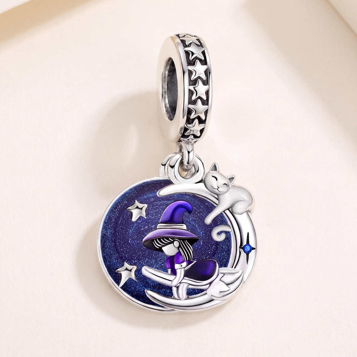 Witch Cat Moon Dangle in 925 sterling silver with blue and purple enamel and sparkling stones