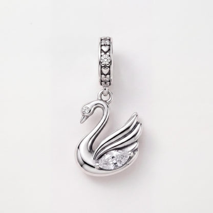 Swan Dangle Charm in 925 sterling silver with sparkling stones, fits European-style charm bracelets