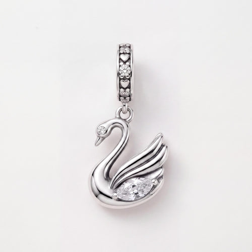 Swan Dangle Charm in 925 sterling silver with sparkling stones, fits European-style charm bracelets