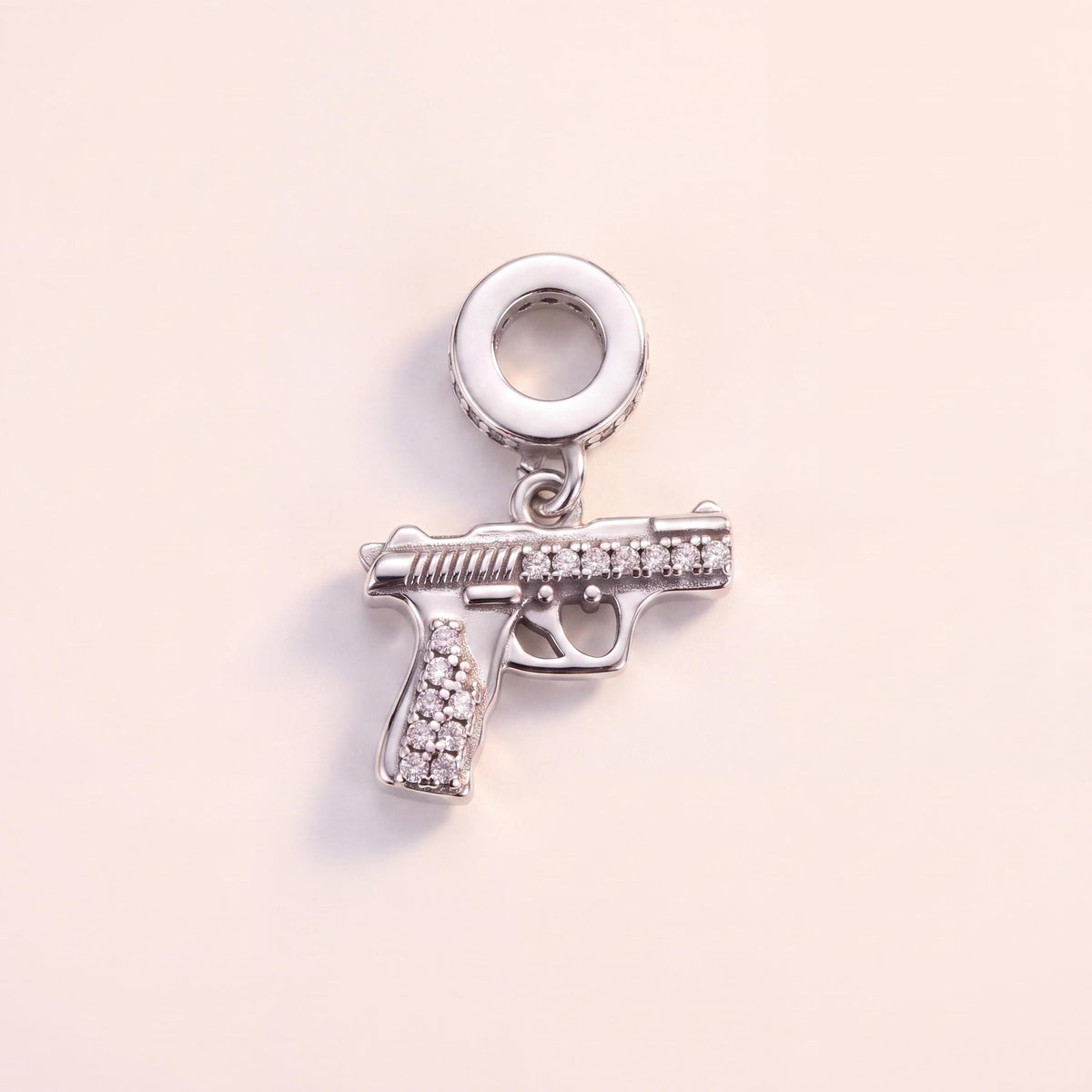 Gun Dangle Charm in 925 sterling silver with sparkling stones, fits European-style charm bracelets