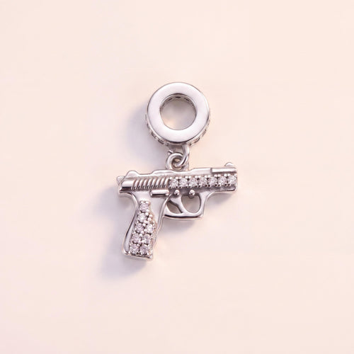 Gun Dangle Charm in 925 sterling silver with sparkling stones, fits European-style charm bracelets