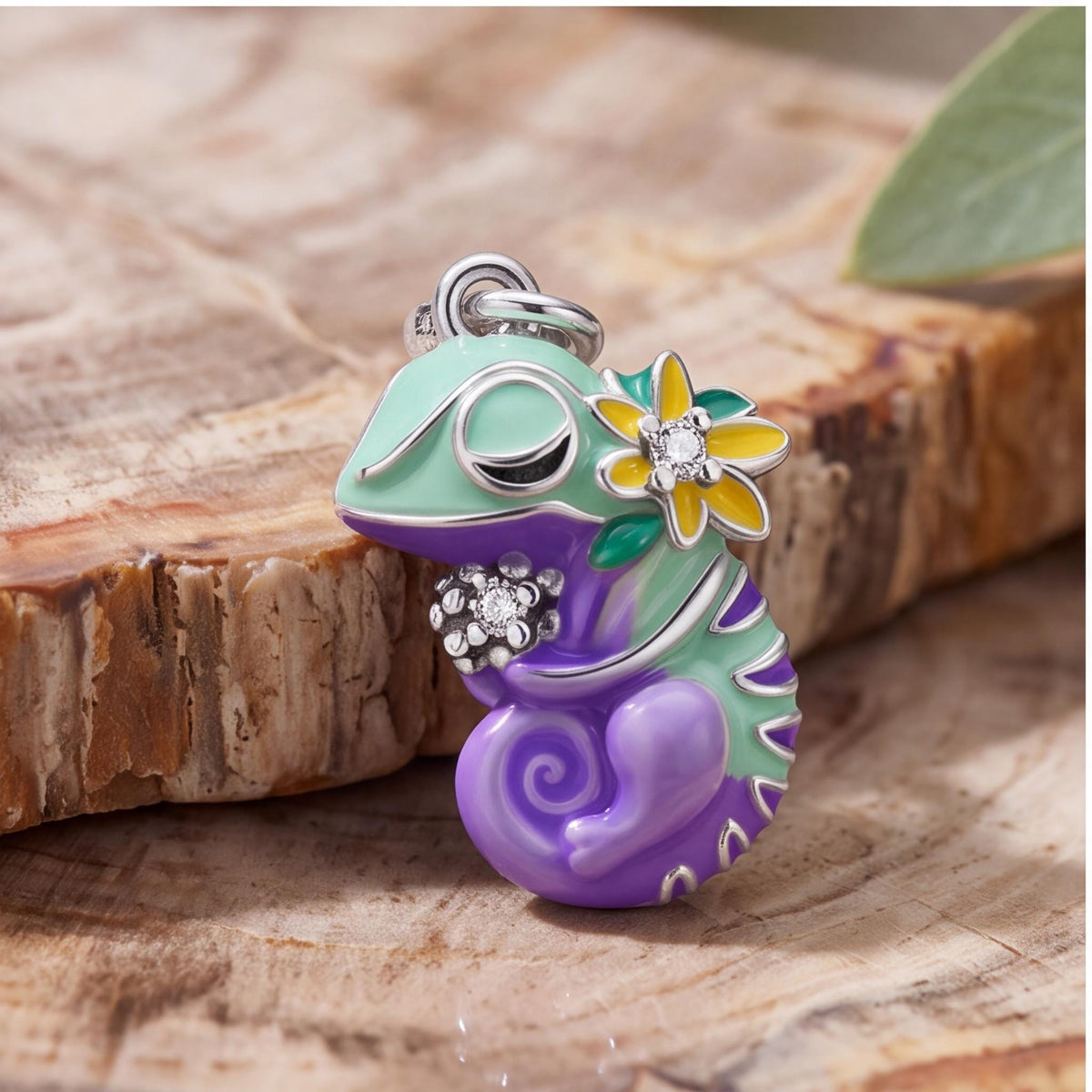 Chameleon Dangle Charm on a silver charm bracelet