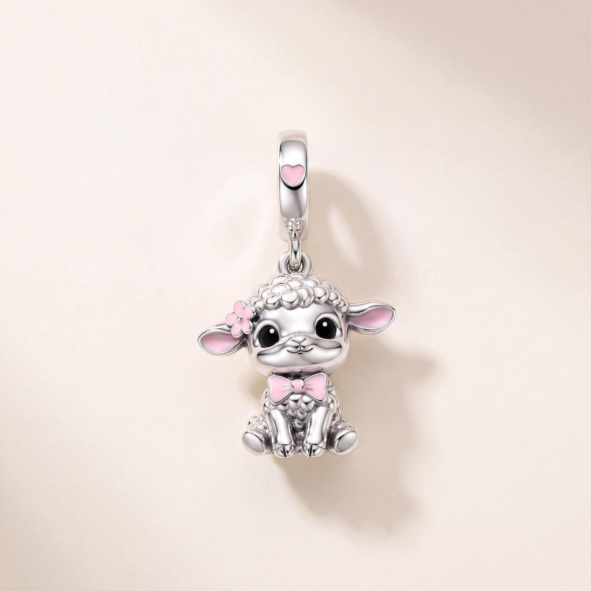 Cute Lamb Dangle in 925 sterling silver with pink and white enamel, fits European-style charm bracelets