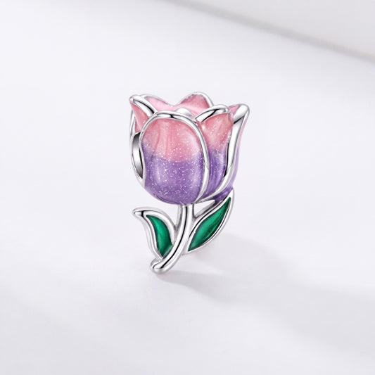 Tulip Flower Charm in 925 sterling silver with pink and purple enamel, fits European-style charm bracelets