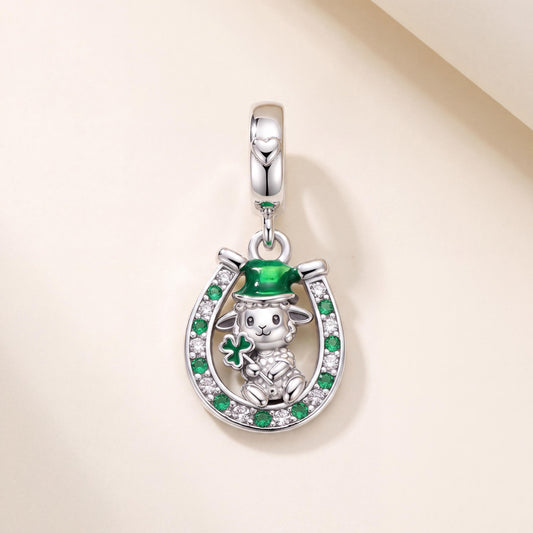 Lucky Lamb Horseshoe Dangle in 925 sterling silver with green enamel and sparkling stones