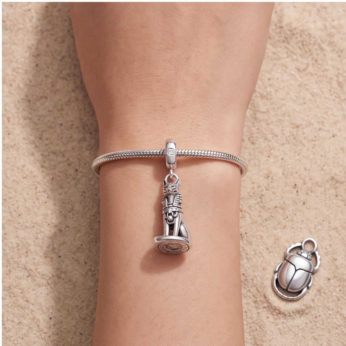 Egyptian Cat Charm worn on a charm bracelet