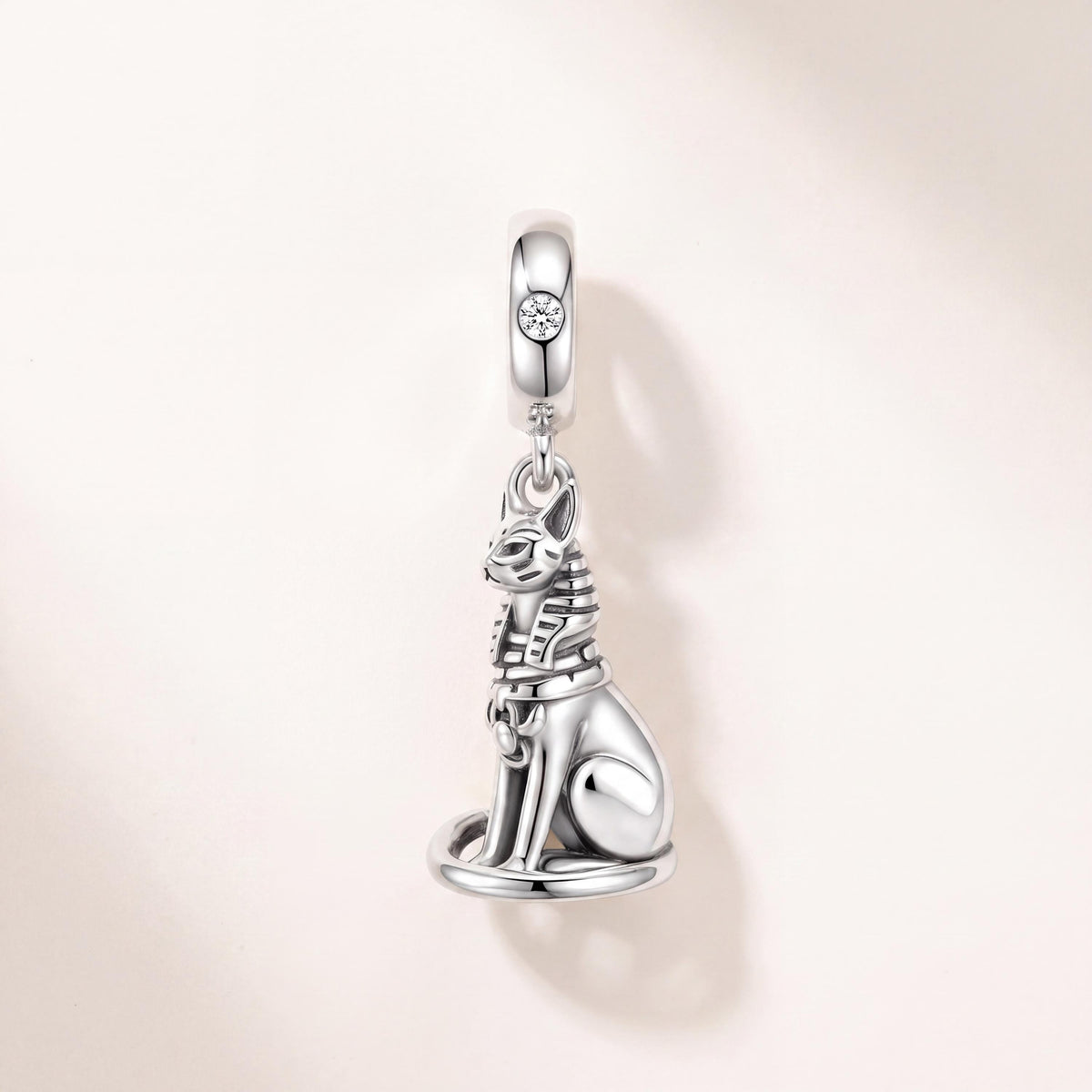 Egyptian Cat Charm in 925 sterling silver with sparkling stones, fits European-style charm bracelets