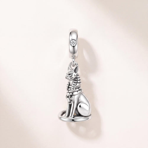 Egyptian Cat Charm in 925 sterling silver with sparkling stones, fits European-style charm bracelets
