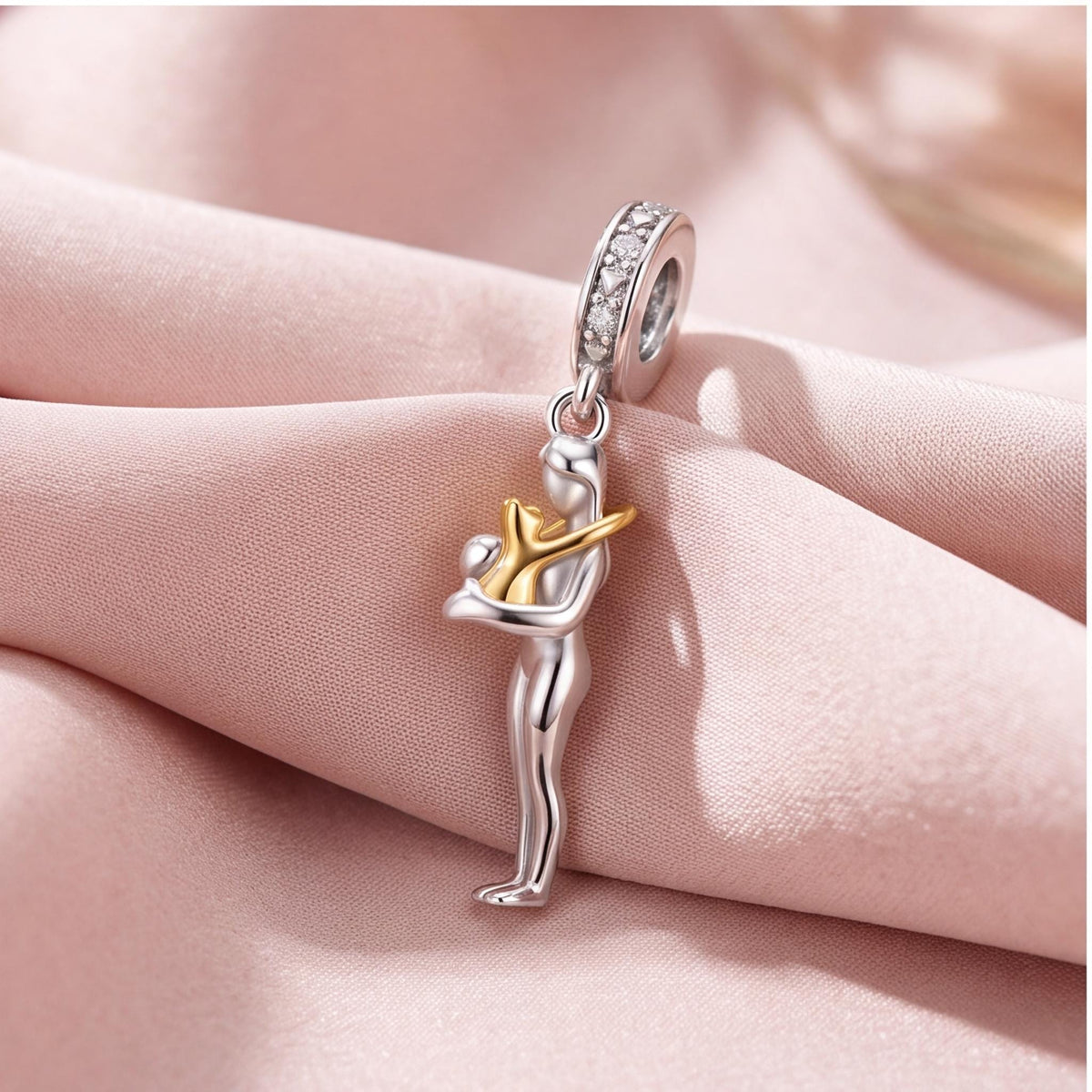 Cat Hug Dangle Charm on a silver charm bracelet