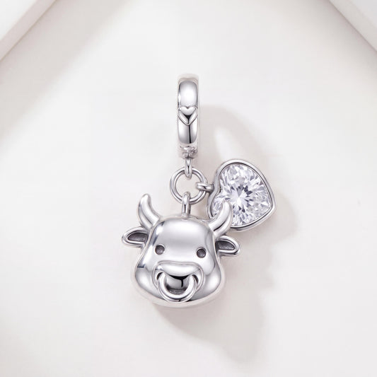 Ox Bull Dangle Charm in 925 sterling silver with sparkling stones, fits European-style charm bracelets