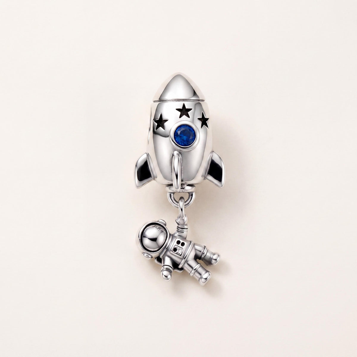 Rocket Astronaut Charm in 925 sterling silver with sparkling stones, fits European-style charm bracelets