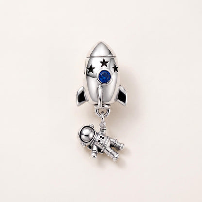 Rocket Astronaut Charm in 925 sterling silver with sparkling stones, fits European-style charm bracelets
