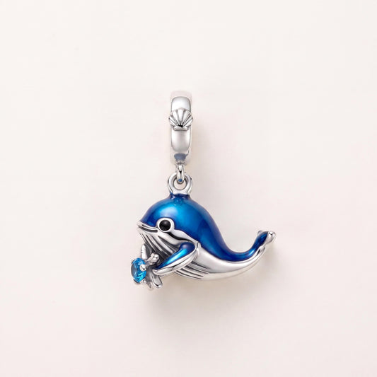Floral Blue Whale Dangle in 925 sterling silver with blue enamel and sparkling stones, fits European-style charm bracelets