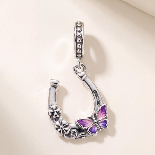 Horseshoe Butterfly Dangle in 925 sterling silver with purple and pink enamel, fits European-style charm bracelets