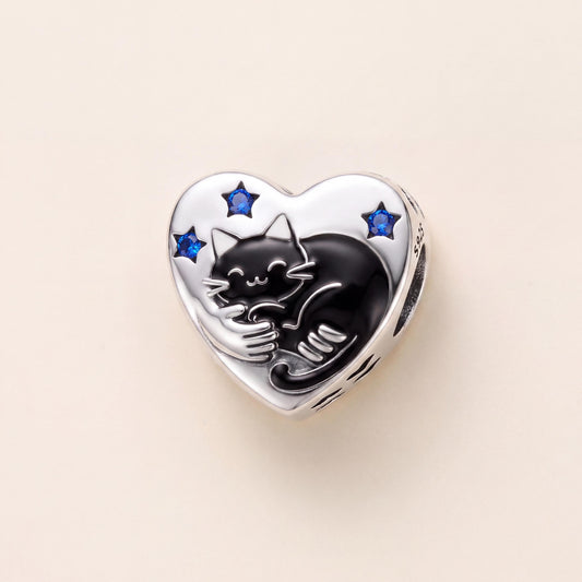Black Cat Heart Charm in 925 sterling silver with black and blue enamel and sparkling stones