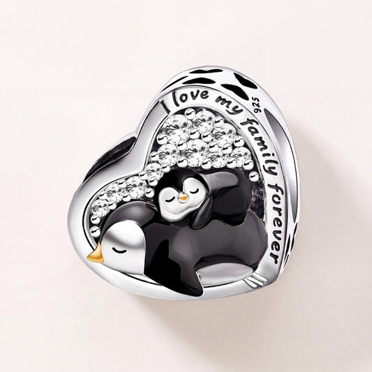 Penguin Family Heart Charm in 925 sterling silver with black and white enamel and sparkling stones