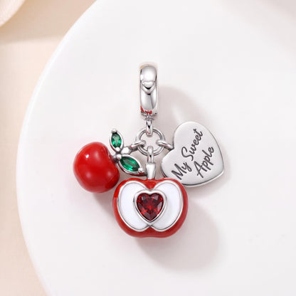 Red Apple Dangle Charm in 925 sterling silver with red and white enamel and sparkling stones