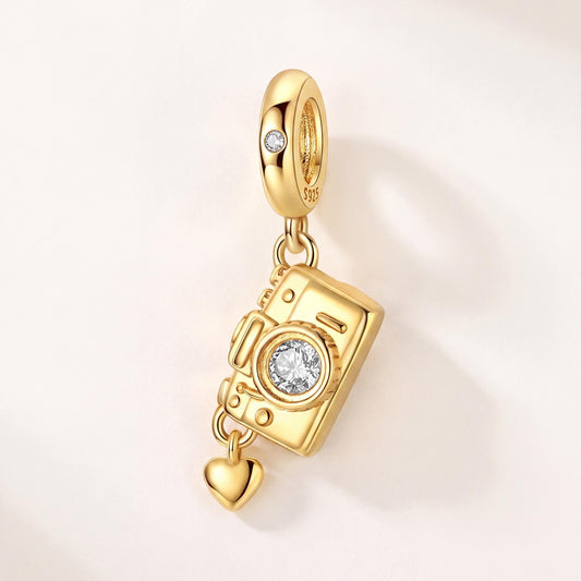 Camera Heart Charm in 925 sterling silver with sparkling stones, fits European-style charm bracelets