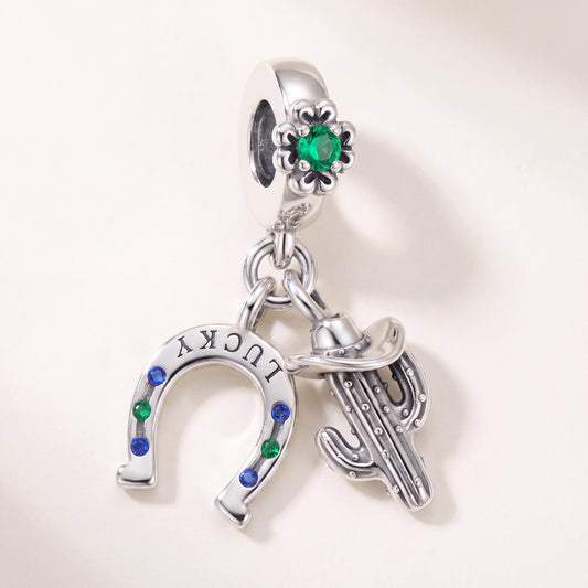 Horseshoe Cactus Dangle in 925 sterling silver with sparkling stones, fits European-style charm bracelets