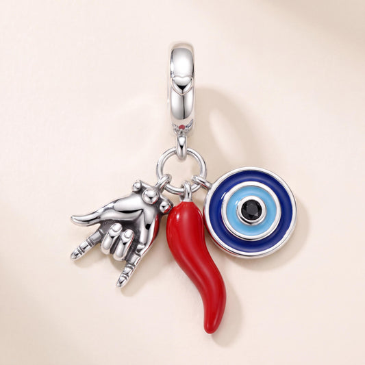 Evil Eye Horn Charm in 925 sterling silver with red and blue enamel and sparkling stones, fits European-style charm bracelets