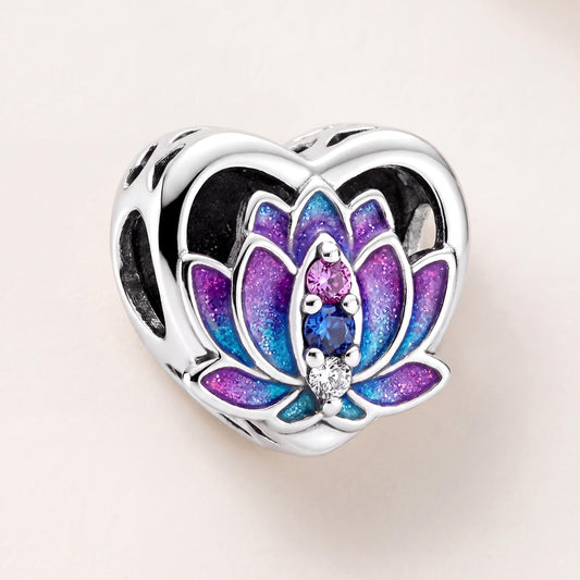 Lotus Heart Charm in 925 sterling silver with blue and purple enamel and sparkling stones