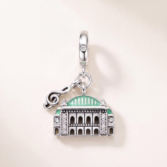 Opera House Treble Clef Dangle in 925 sterling silver with green and white enamel and sparkling stones