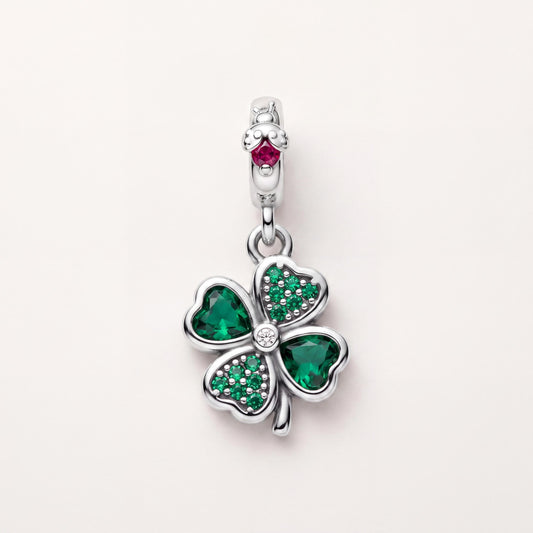 Clover Ladybird Dangle in 925 sterling silver with sparkling stones, fits European-style charm bracelets