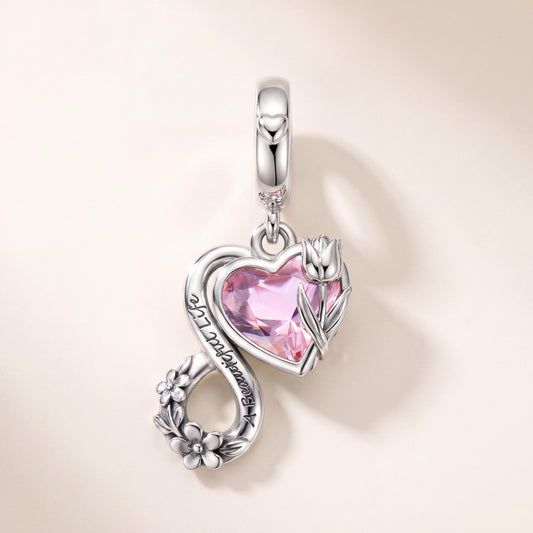 Infinity Heart Charm in 925 sterling silver with sparkling stones, fits European-style charm bracelets