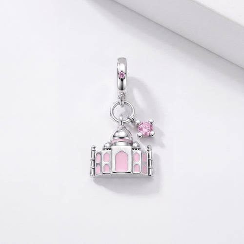 Taj Mahal Dangle Charm in 925 sterling silver with pink enamel and sparkling stones, fits European-style charm bracelets