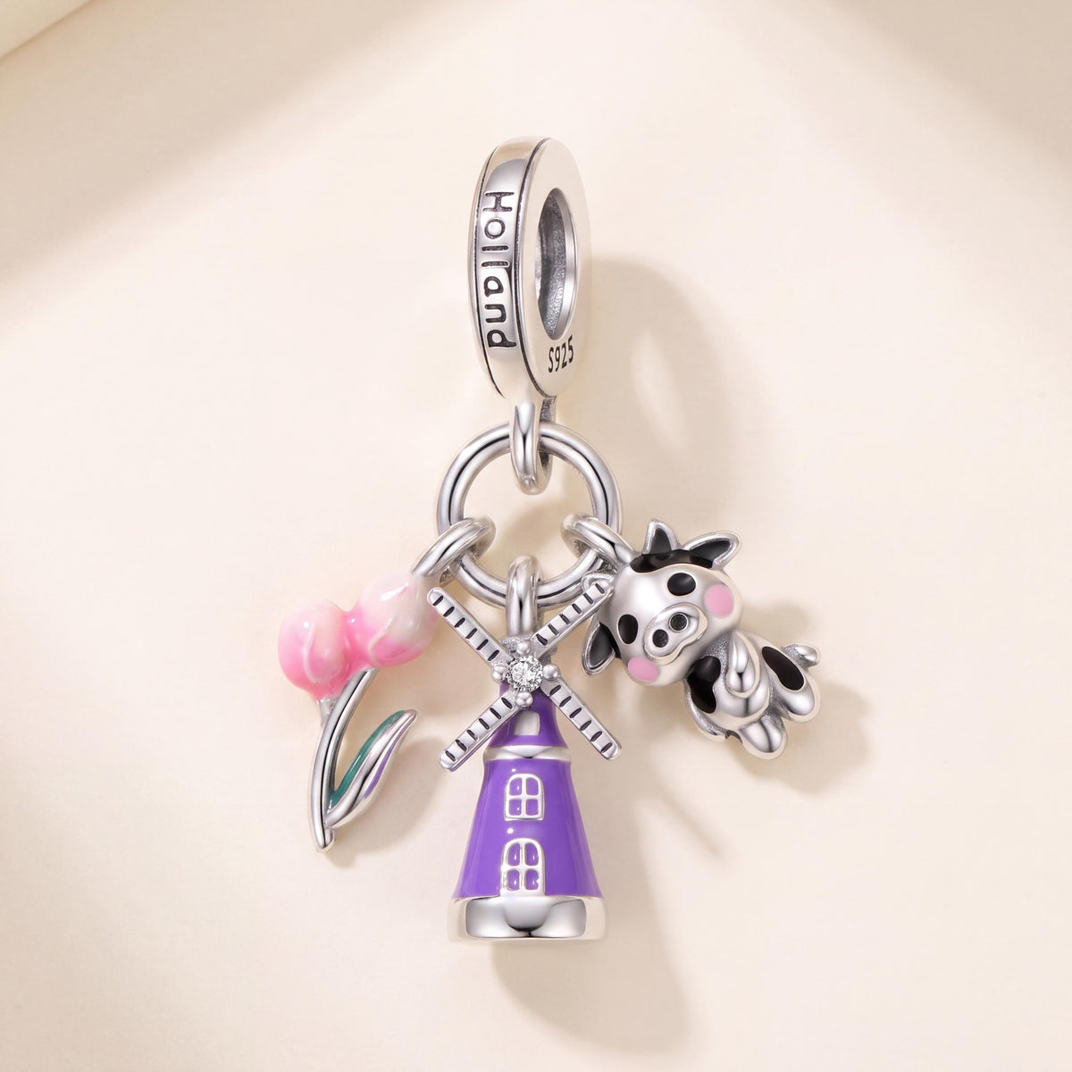 Holland Dangle Charm in 925 sterling silver with purple enamel and sparkling stones, fits European-style charm bracelets