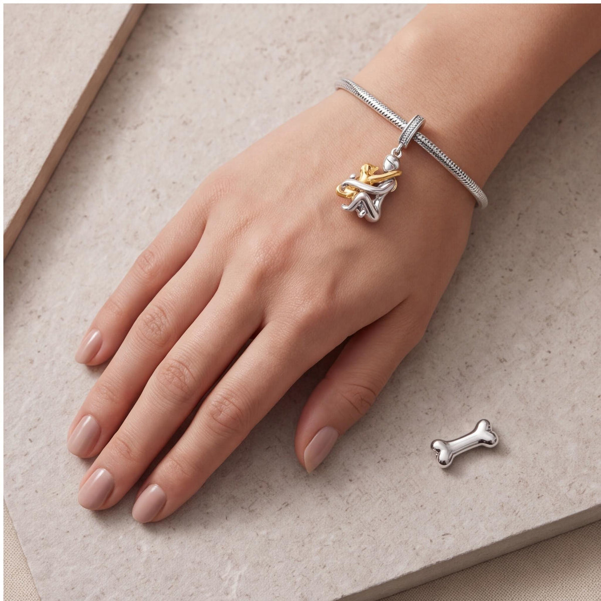 Girl Hugging Dog Charm worn on a charm bracelet