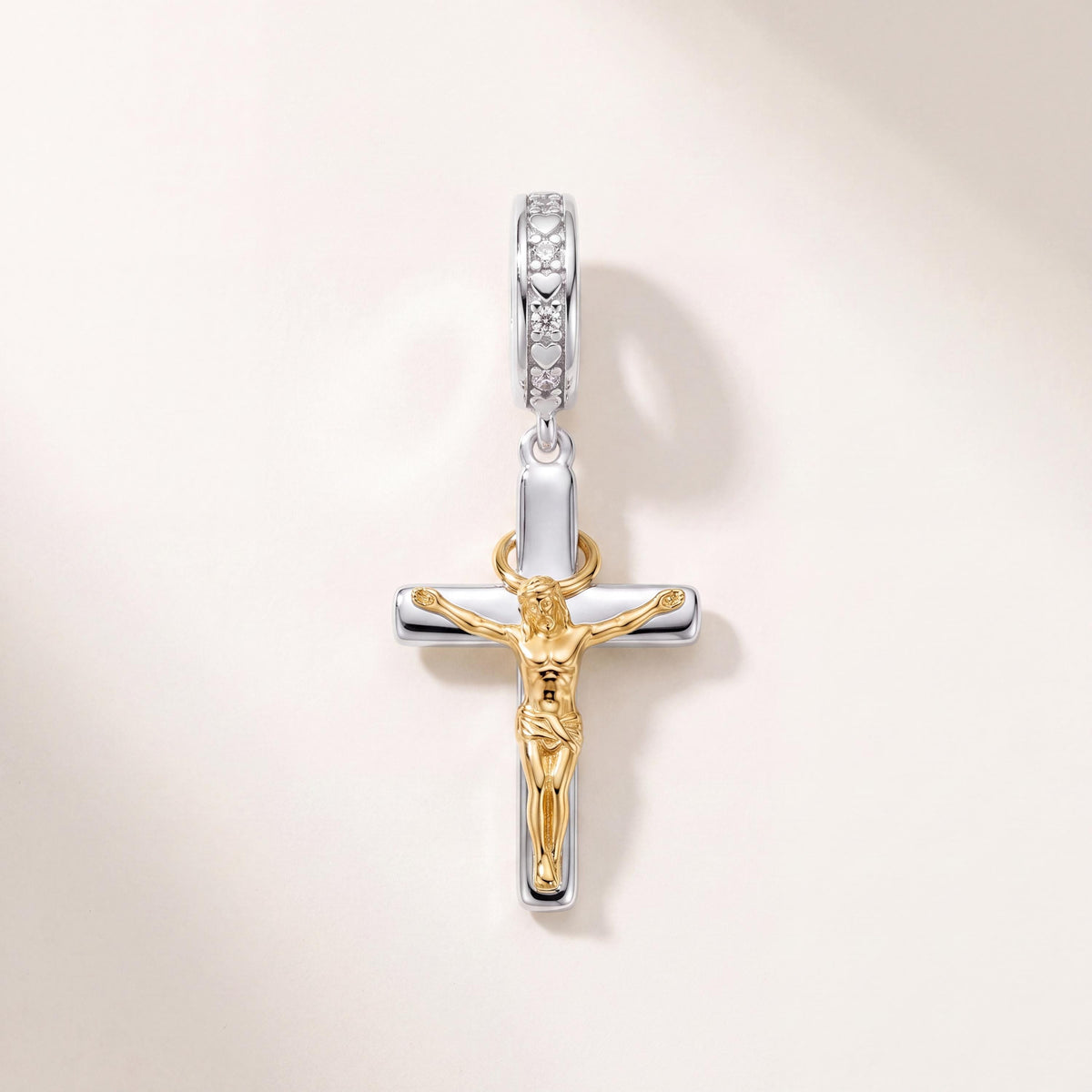 Crucifix Dangle Charm in 925 sterling silver with sparkling stones, fits European-style charm bracelets