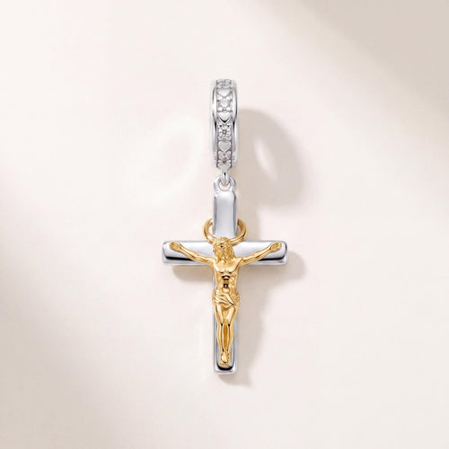 Crucifix Dangle Charm in 925 sterling silver with sparkling stones, fits European-style charm bracelets