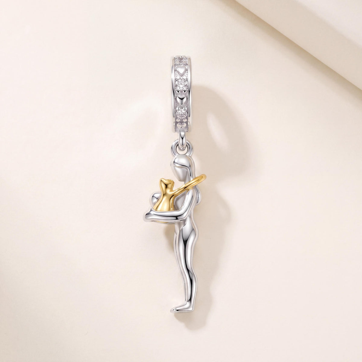 Cat Hug Dangle Charm in 925 sterling silver with sparkling stones, fits European-style charm bracelets