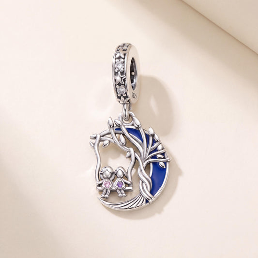 Moon Tree Swing Dangle in 925 sterling silver with blue and pink enamel and sparkling stones