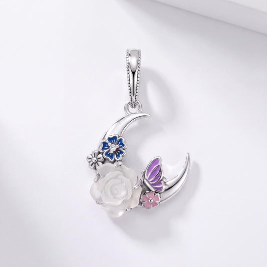 Moon Rose Butterfly Dangle in 925 sterling silver with pink and purple enamel and sparkling stones