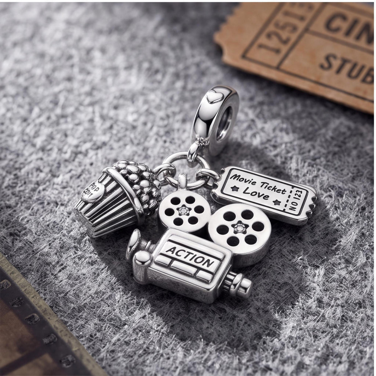 Cinema Dangle Charm on a silver charm bracelet