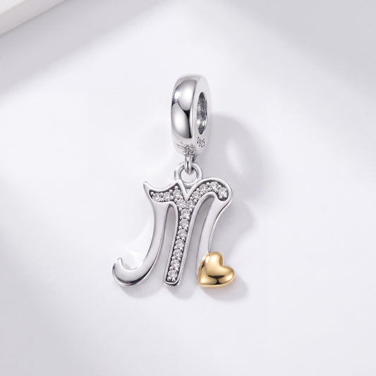 Letter M Heart Charm in 925 sterling silver with sparkling stones, fits European-style charm bracelets