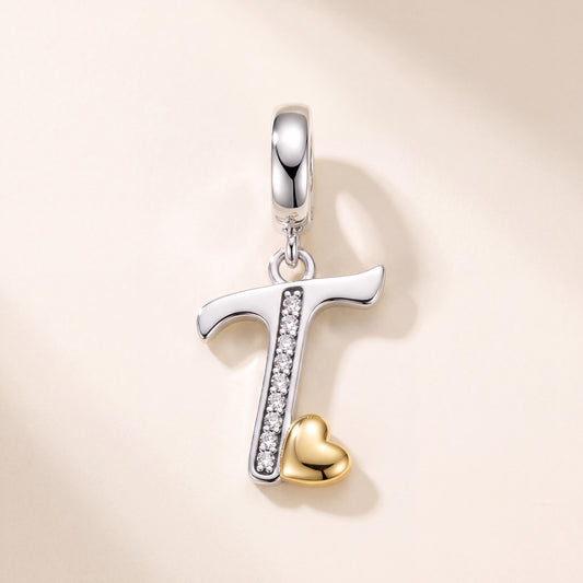Letter T Heart Dangle in 925 sterling silver with sparkling stones, fits European-style charm bracelets