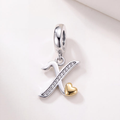 Letter X Initial Charm in 925 sterling silver with sparkling stones, fits European-style charm bracelets