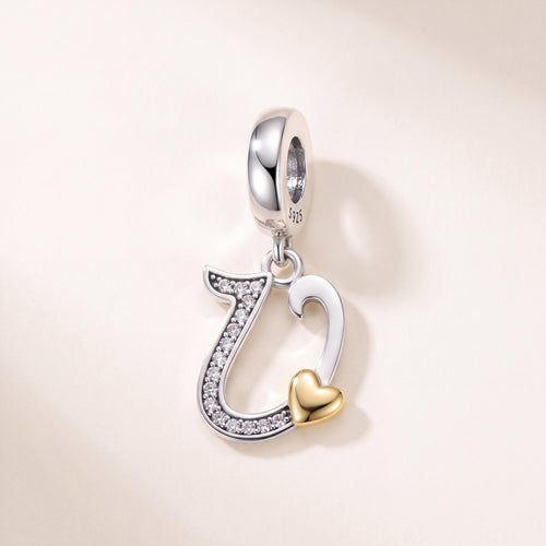 Letter U Heart Dangle in 925 sterling silver with sparkling stones, fits European-style charm bracelets
