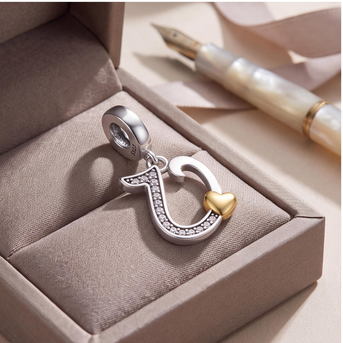 Letter U Heart Dangle, sterling silver dangle charm, photo 7