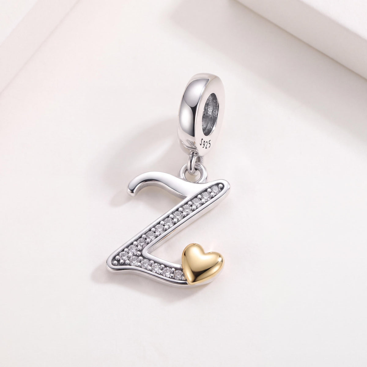 Letter Z Initial Dangle in 925 sterling silver with sparkling stones, fits European-style charm bracelets