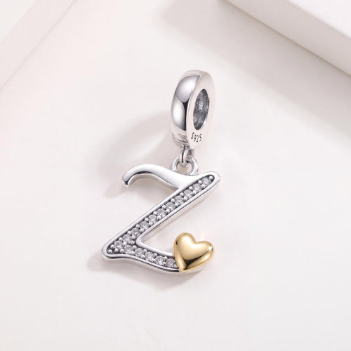 Letter Z Initial Dangle in 925 sterling silver with sparkling stones, fits European-style charm bracelets
