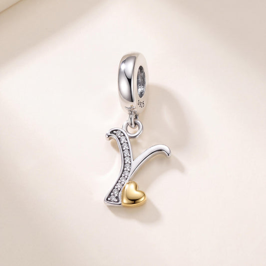 Letter Y Heart Charm in 925 sterling silver with sparkling stones, fits European-style charm bracelets