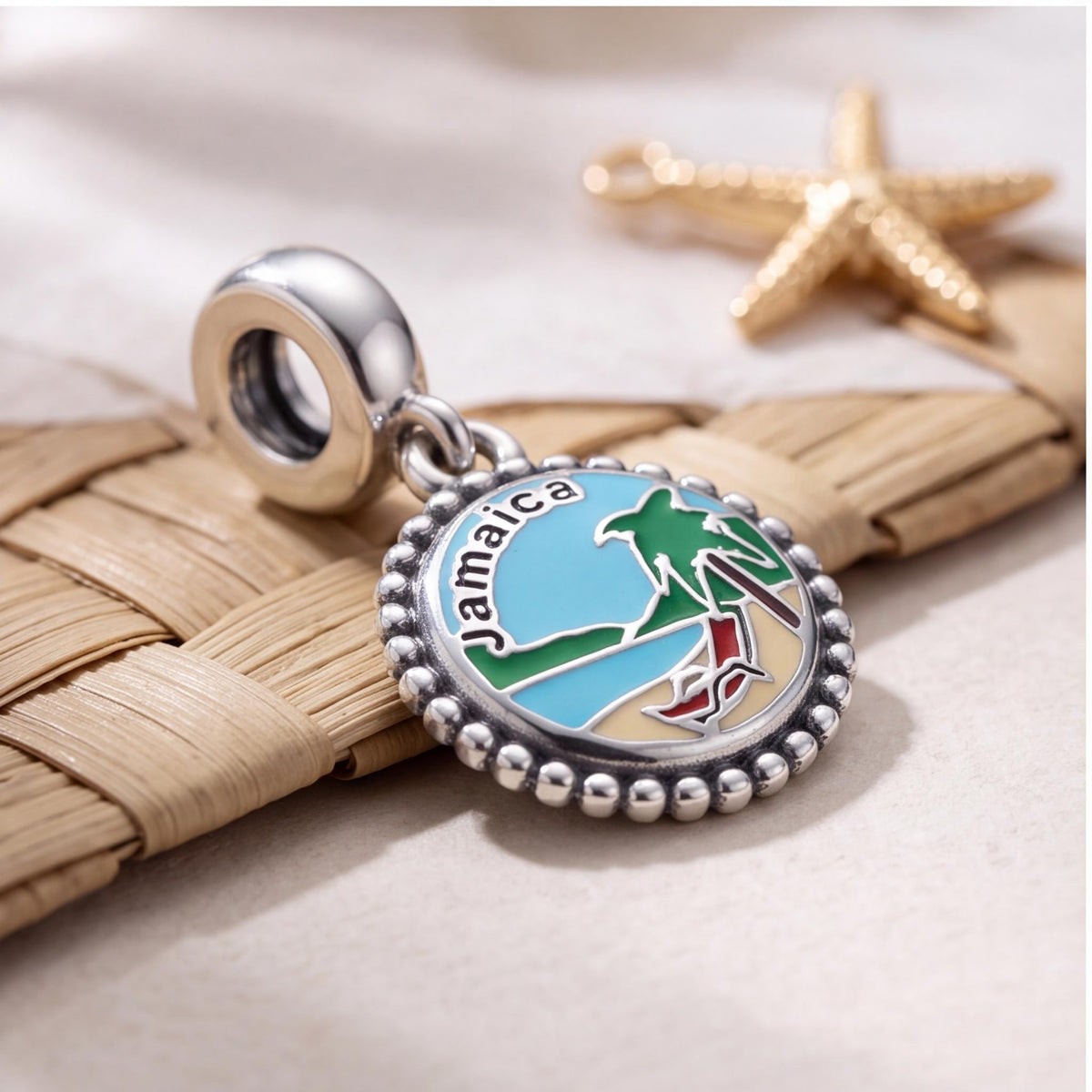 Jamaica Beach Scene Dangle on a silver charm bracelet