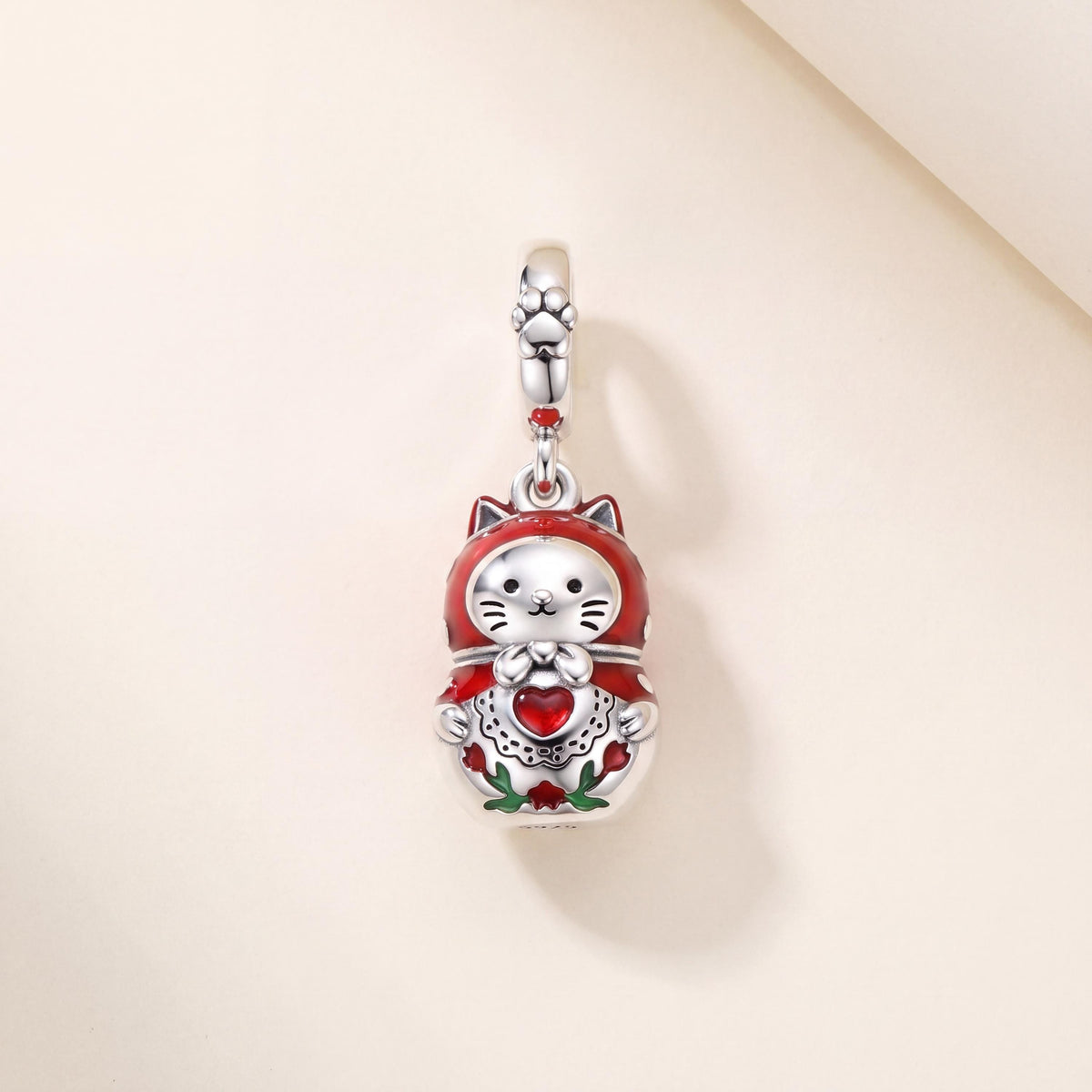 Cat Nesting Doll Charm in 925 sterling silver with red and white enamel, fits European-style charm bracelets