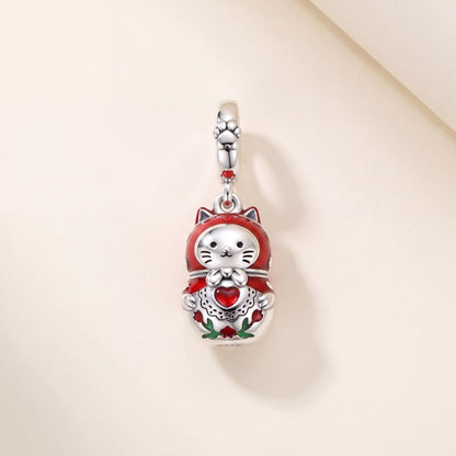 Cat Nesting Doll Charm in 925 sterling silver with red and white enamel, fits European-style charm bracelets